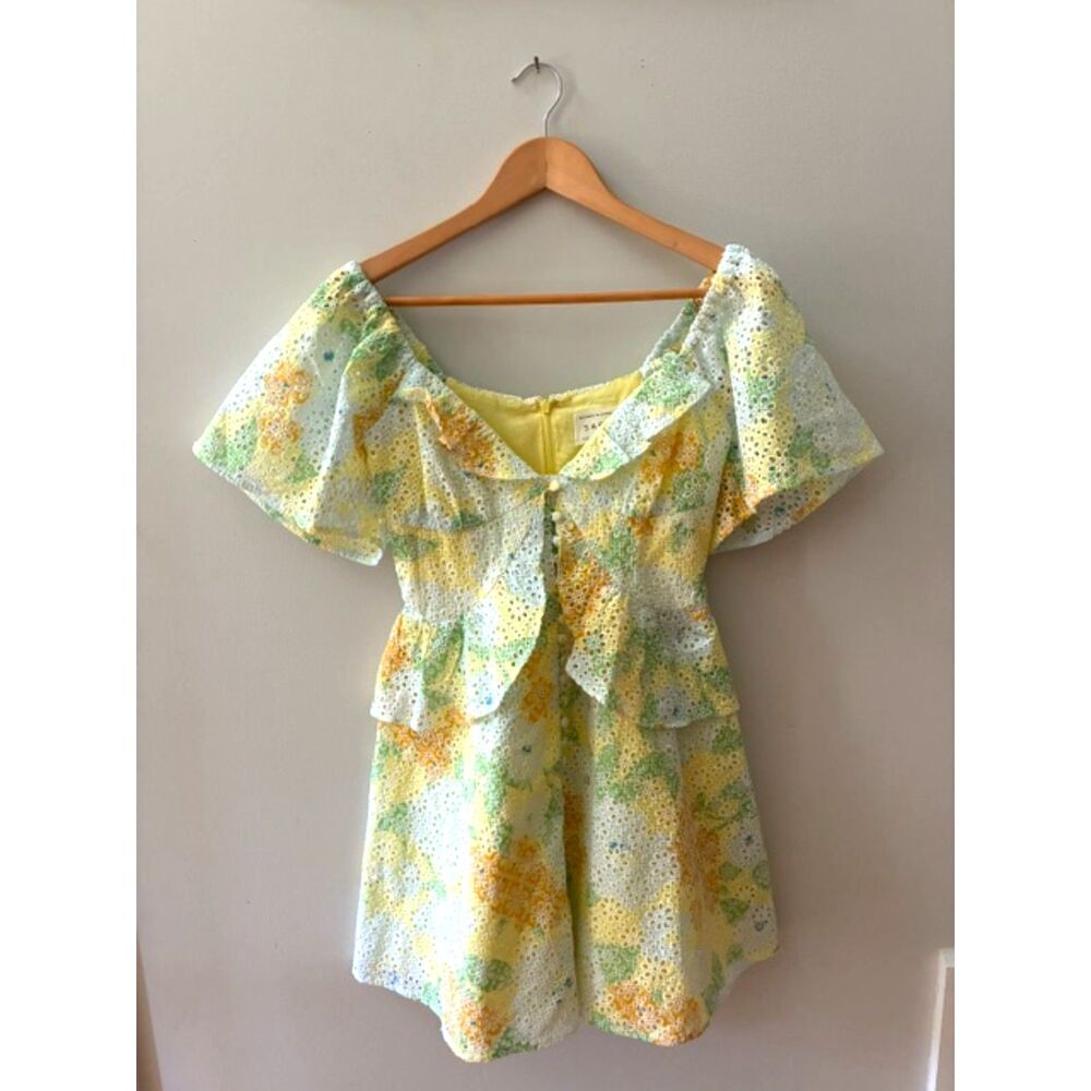 SABO Floral Eyelet Mini Dress Size S US 4 Yellow Green Puff Sleeve Ruffle